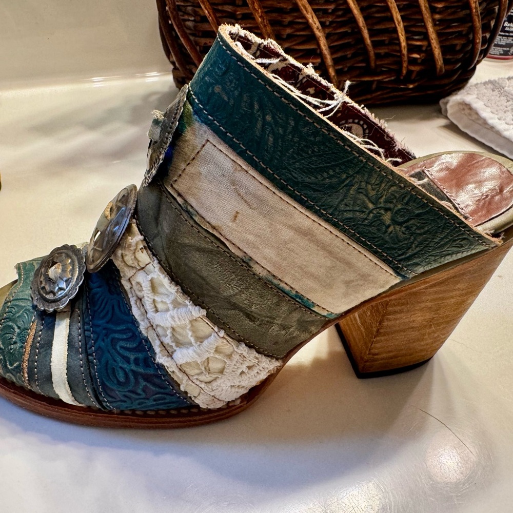 freebird Teal and Olive Embossed Leather Boho Open-Toe Mules - Picture 5 of 9